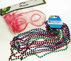 Mardi Gras Eye Mask & Necklaces Costume Mascaraed Parade New Orleans Pink Party